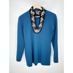 Tory Burch Blue Pearl and Jewel Beaded Collar Tunic Sweater Merino Wool Small
